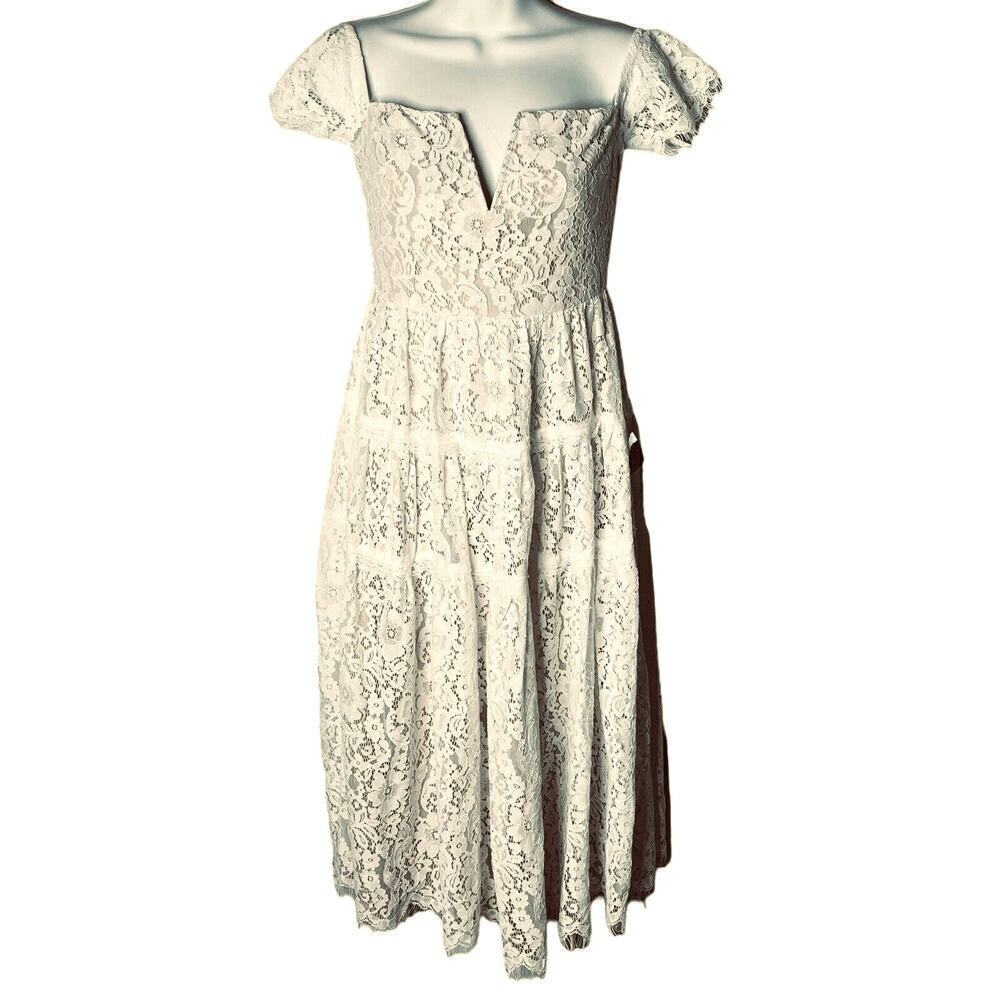 NWT Lulu's Size XS Midi Dress Nude Lining Tiered Floral Lace Off Shoulder Prom - Picture 2 of 13